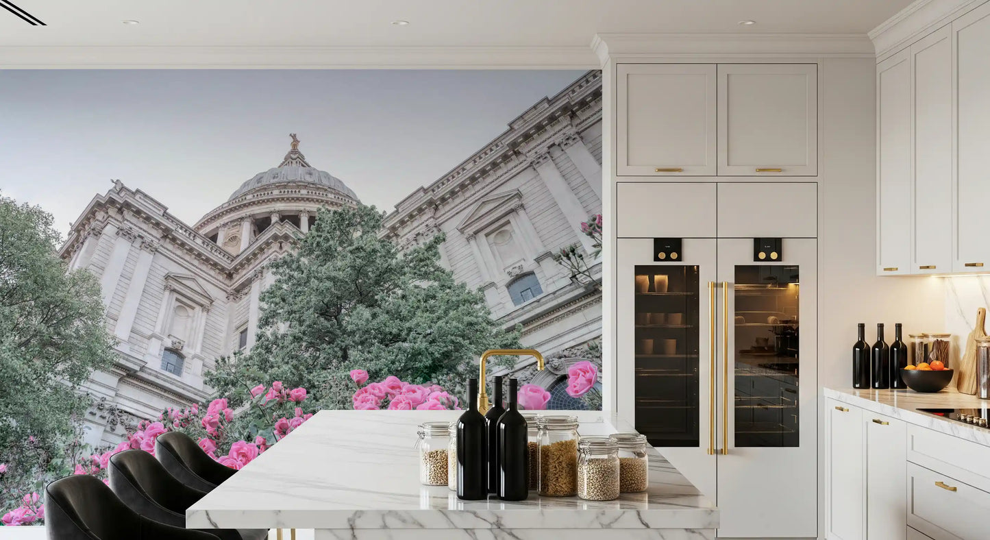 Rose Vista wall mural with Ivory stonework and pilasters in kitchen., GD10466