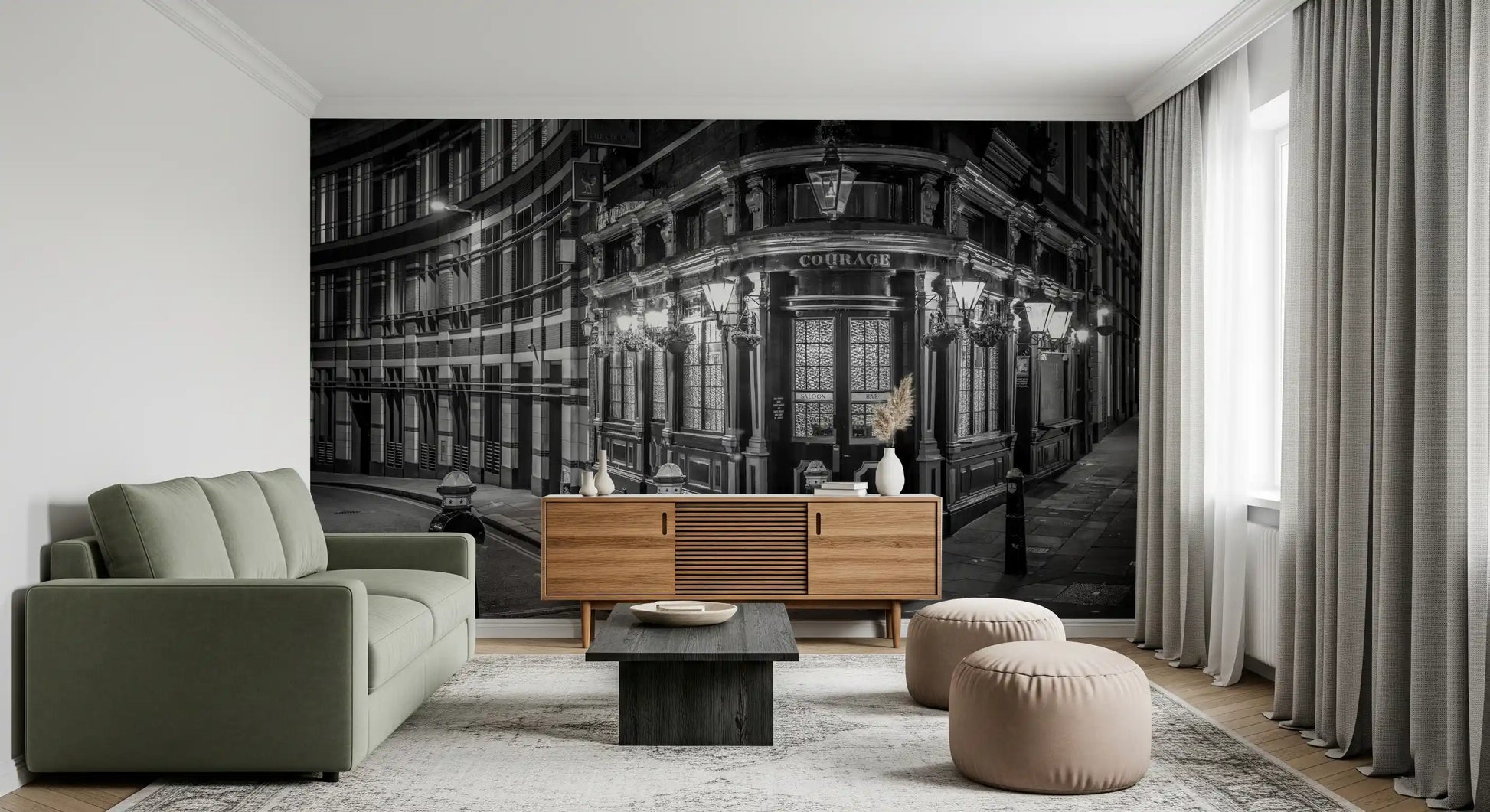 Corner Glow wall mural with Curved brick facade detail and night city street., GD10467