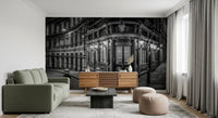 Corner Glow wall mural with Curved brick facade detail and night city street., GD10467