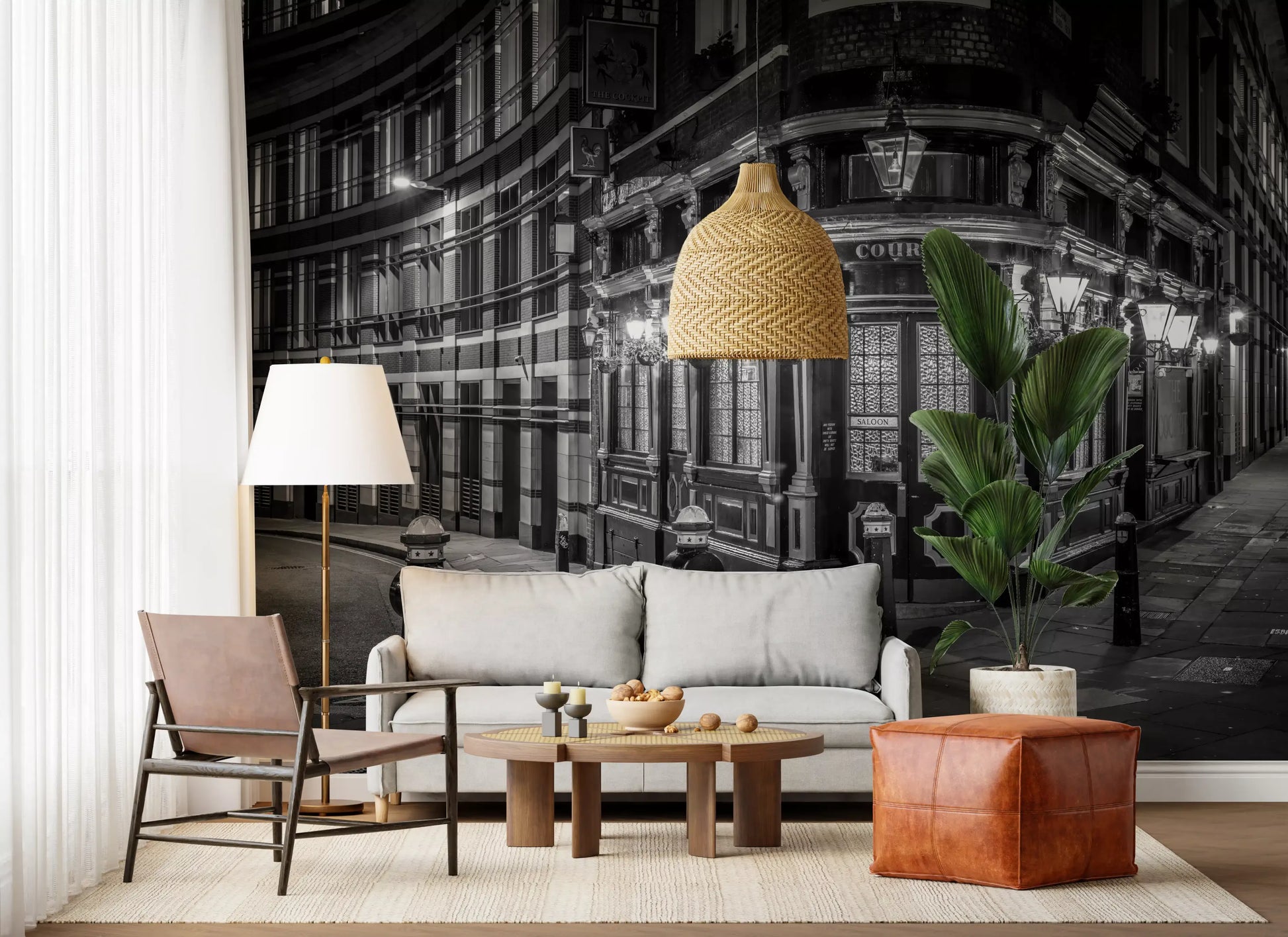 Hanging pub sign and lanterns on City Corner Glow wall mural in living room., GD10467