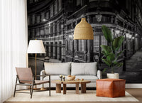 Hanging pub sign and lanterns on City Corner Glow wall mural in living room., GD10467