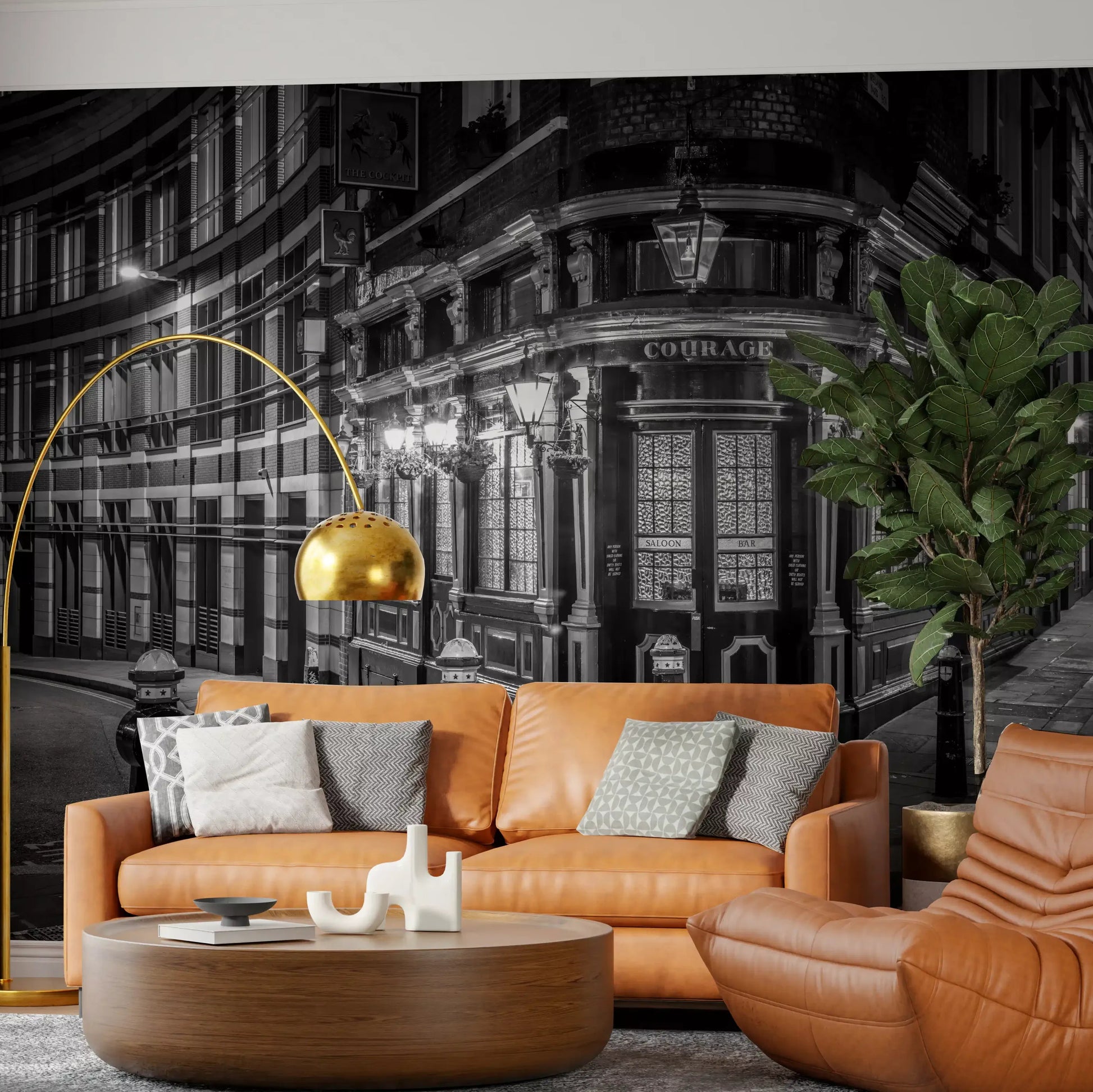 London's Corner wall mural with Pub signage and carved corbels., GD10467