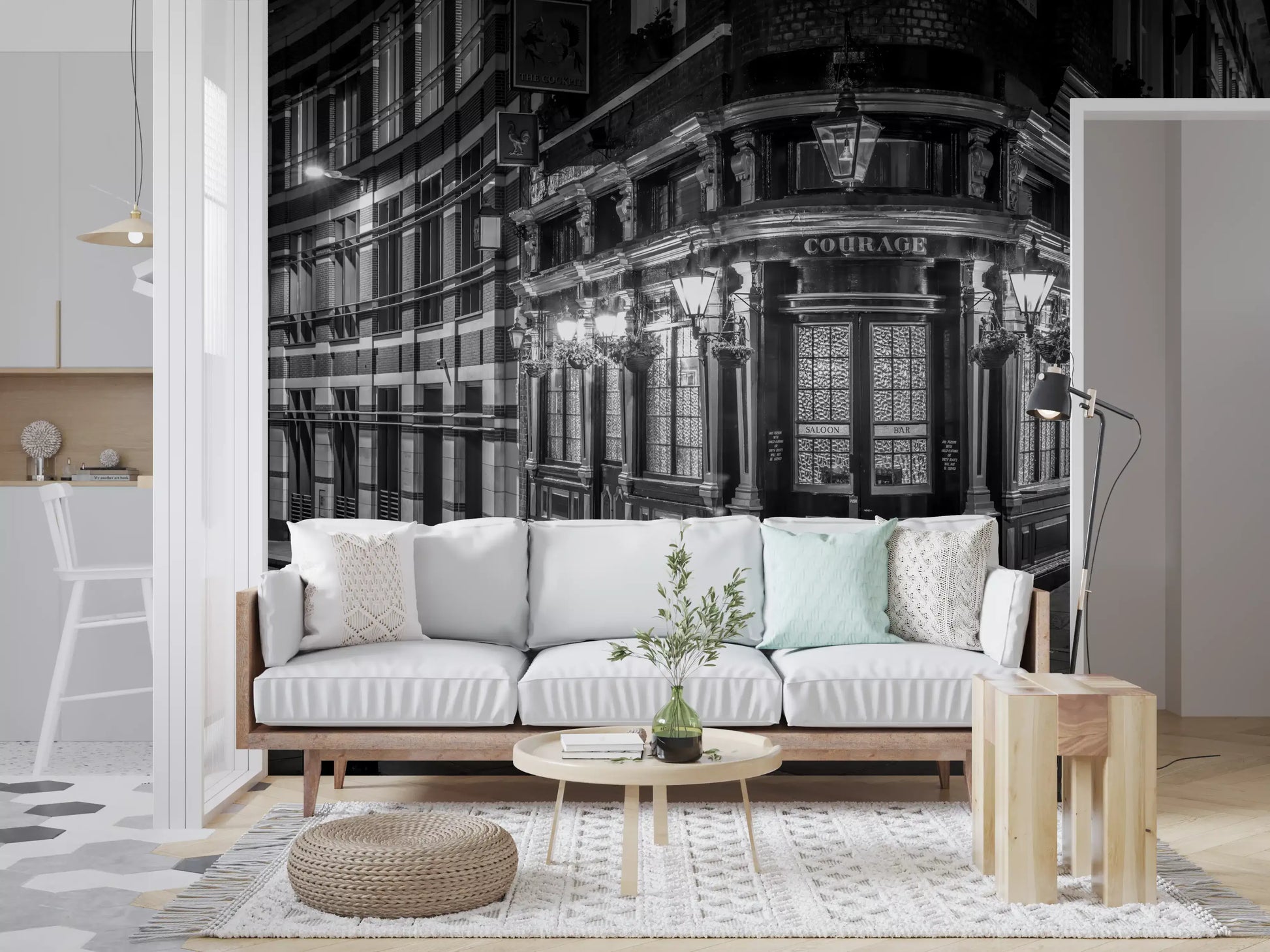 London's night street wall mural in a living room with dark accents., GD10467
