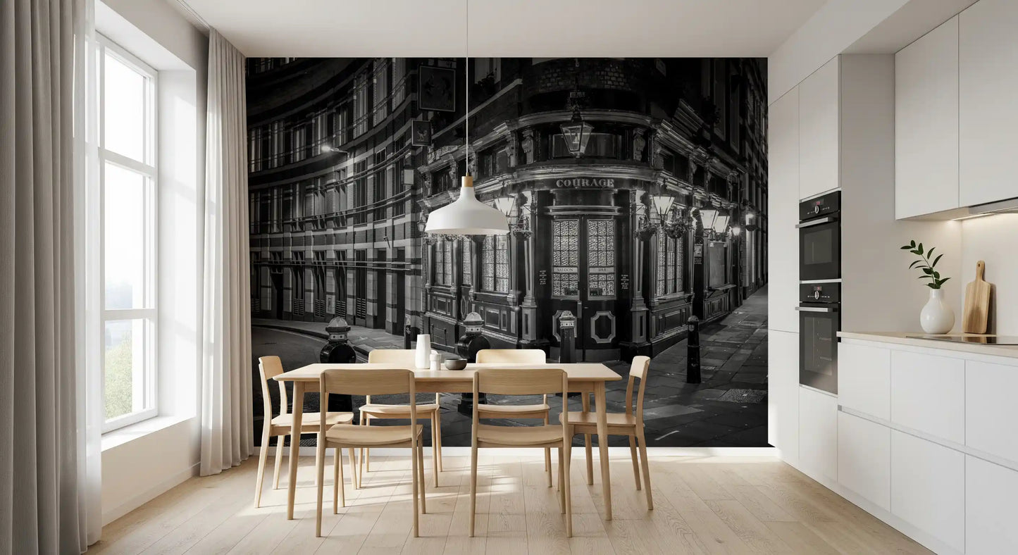 Monochrome wall mural in dining room with Iron bollards and pavement., GD10467