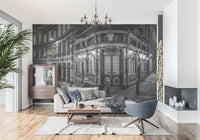 London Corner wall mural with Glowing street lamps in black and white tone., GD10467