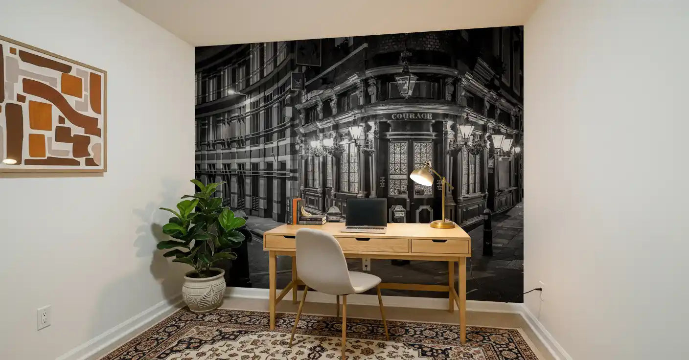 Night cityscape wall mural with Etched glass windows and columns., GD10467