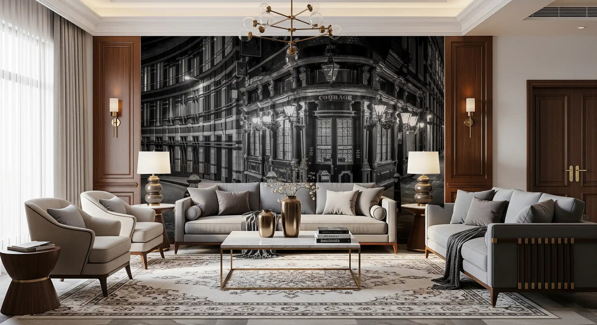 Living room wall featuring London's Corner Glow monochrome street mural., GD10467