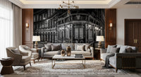 Living room wall featuring London's Corner Glow monochrome street mural., GD10467