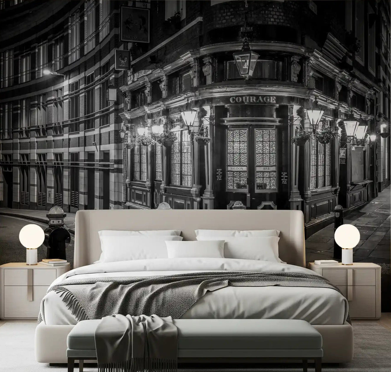  London's Corner Glow wall mural in bedroom with black and white tone.