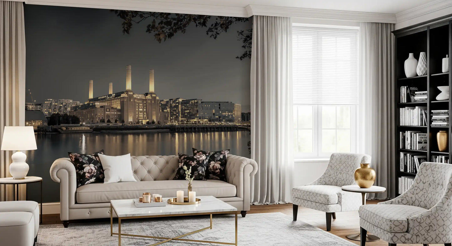 Golden lit chimneys and their reflections on still water in this wall mural., GD10468