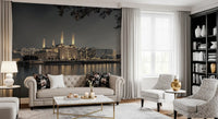 Golden lit chimneys and their reflections on still water in this wall mural., GD10468