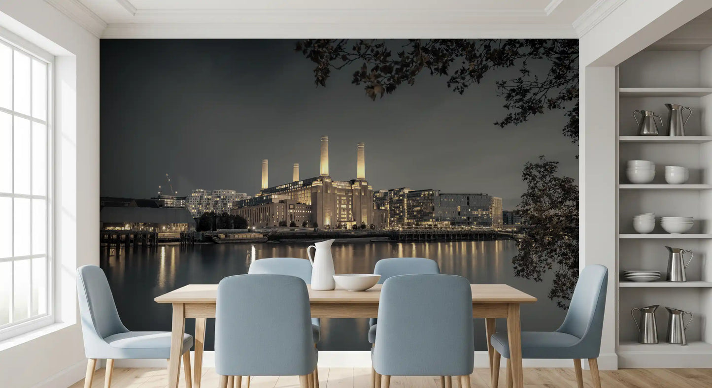 Dining room wall mural of a grey illuminated cityscape with river reflections., GD10468