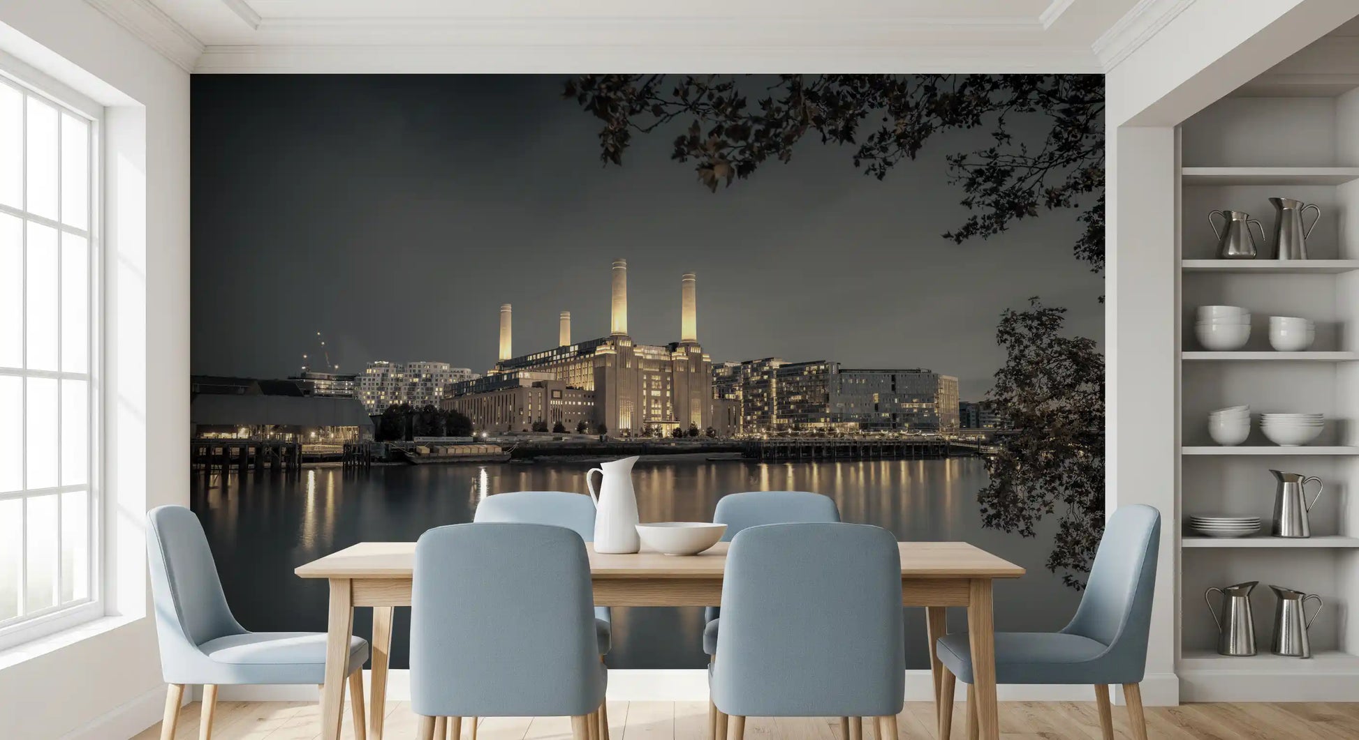 Dining room wall mural of a grey illuminated cityscape with river reflections., GD10468
