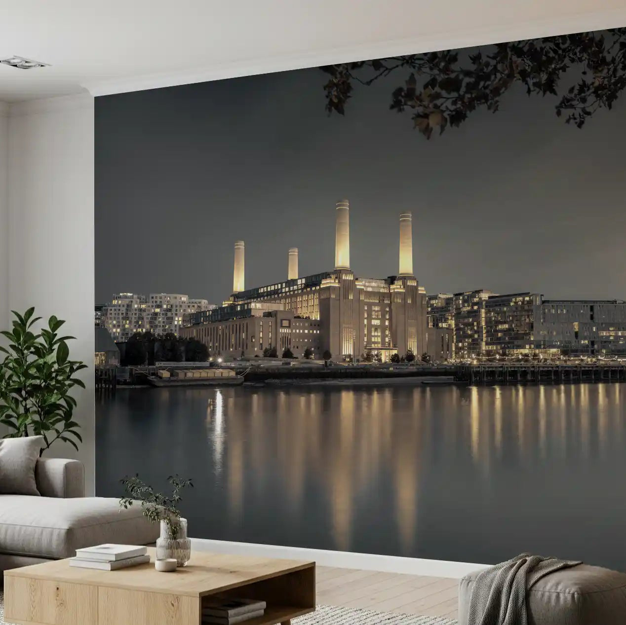 Twilight wall mural showing industrial architecture with golden lit chimneys., GD10468