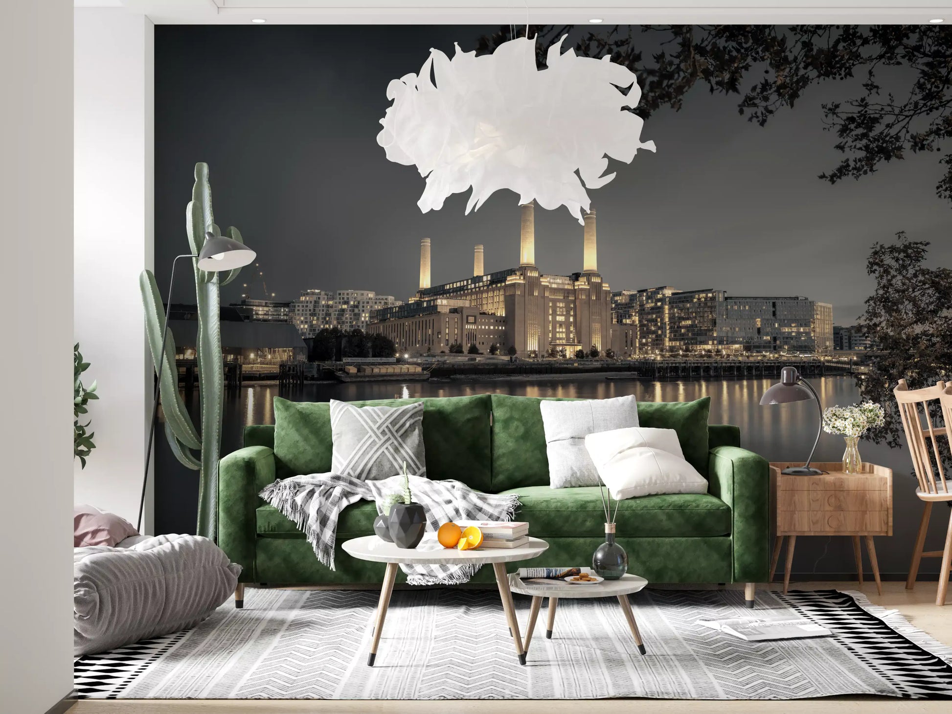 Dark grey cityscape wall mural with overhanging tree branches and chimneys., GD10468