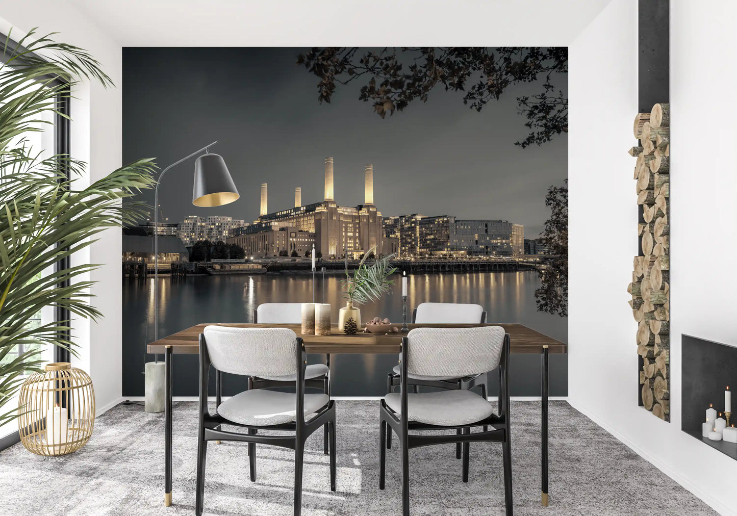 London's Illuminated Icon Wall Mural in dining room with grey and gold tones., GD10468