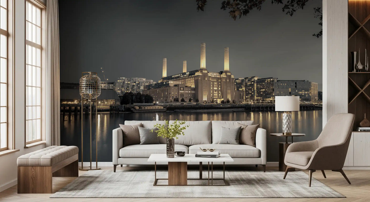 London's Illuminated Icon Wall Mural with river reflections and warm lights., GD10468