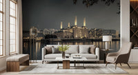 London's Illuminated Icon Wall Mural with river reflections and warm lights., GD10468