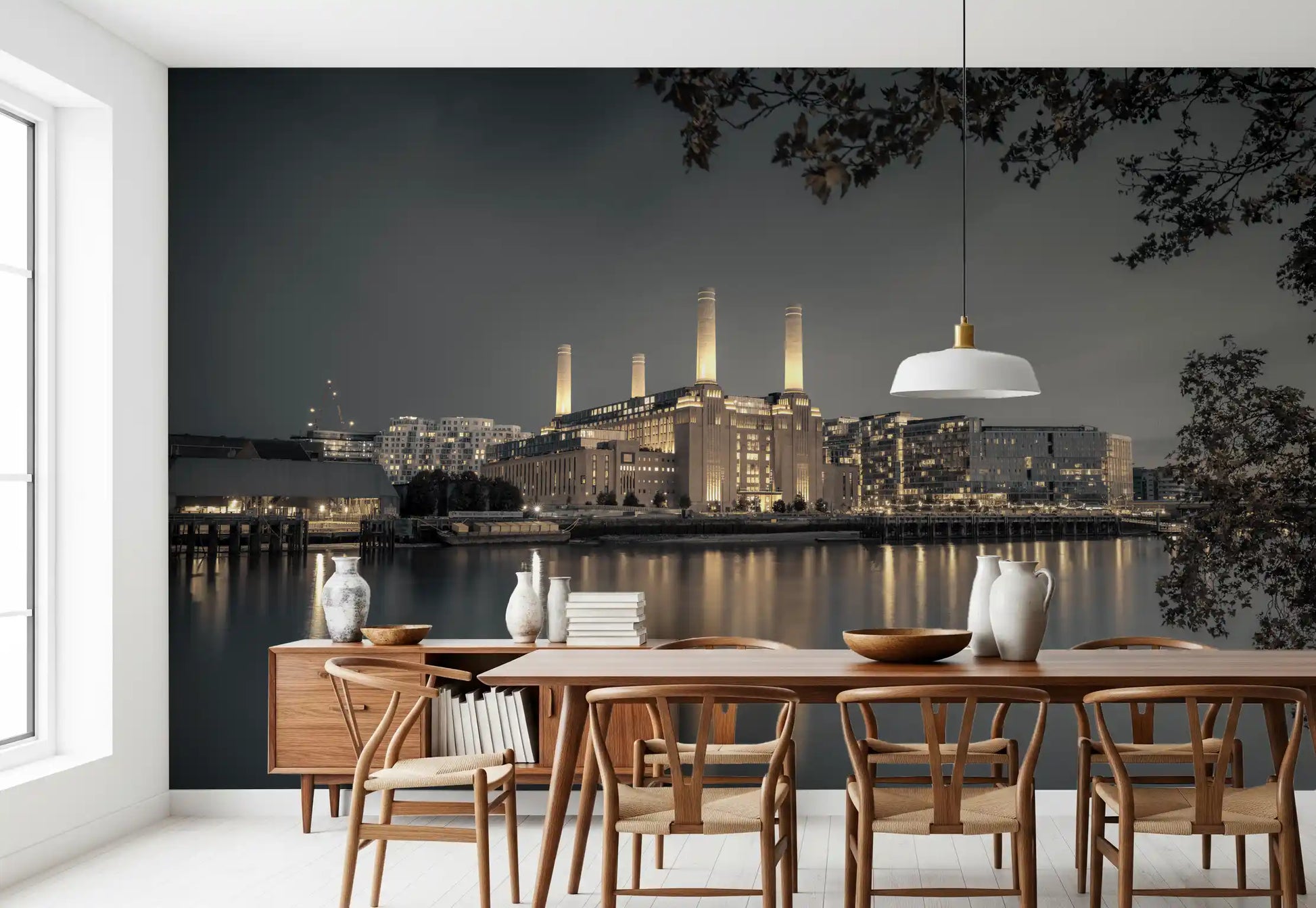 Waterfront architecture wall mural with calm river reflections in grey and gold tones., GD10468