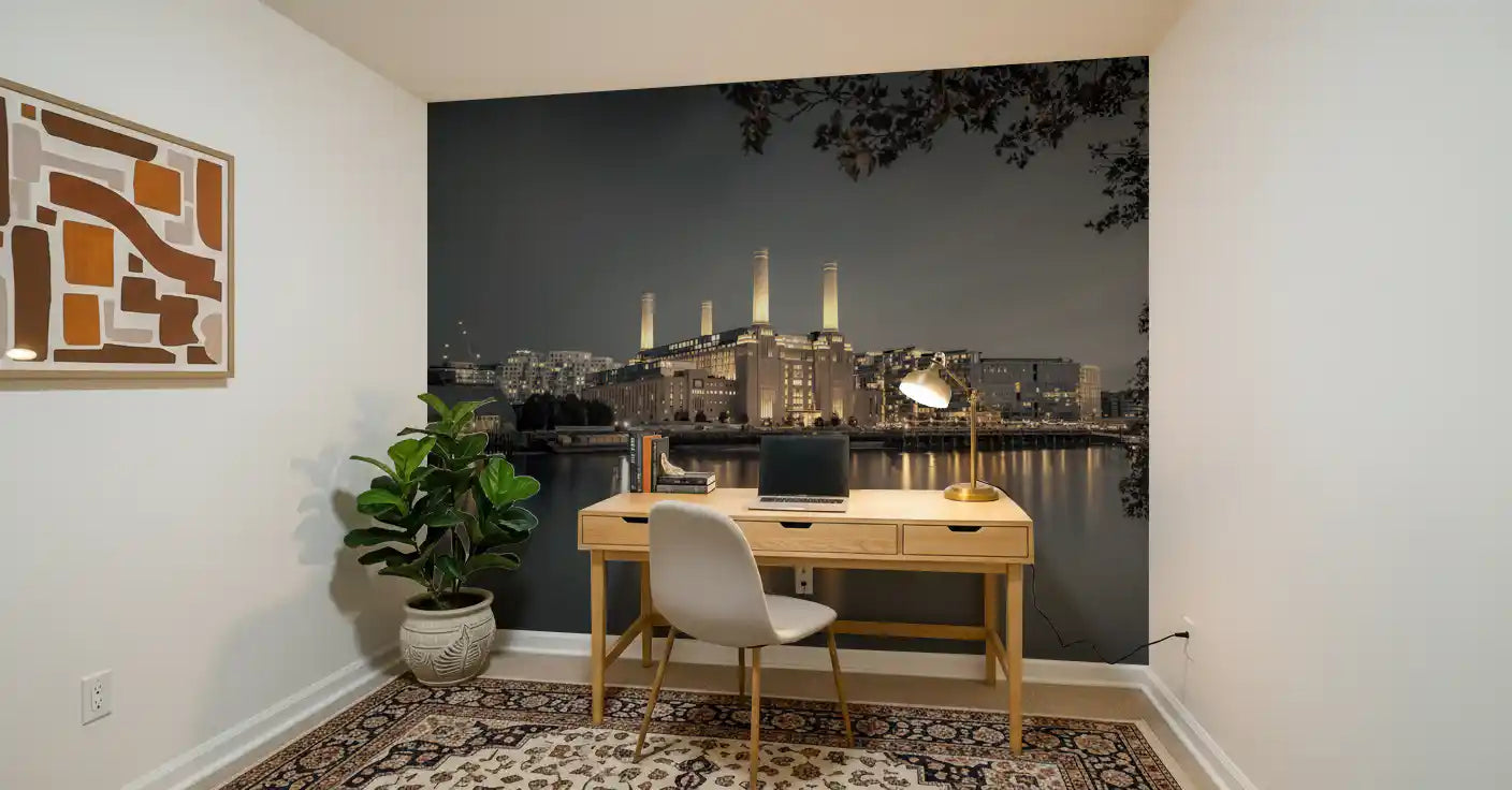 Mural featuring illuminated industrial building with scattered city lights., GD10468