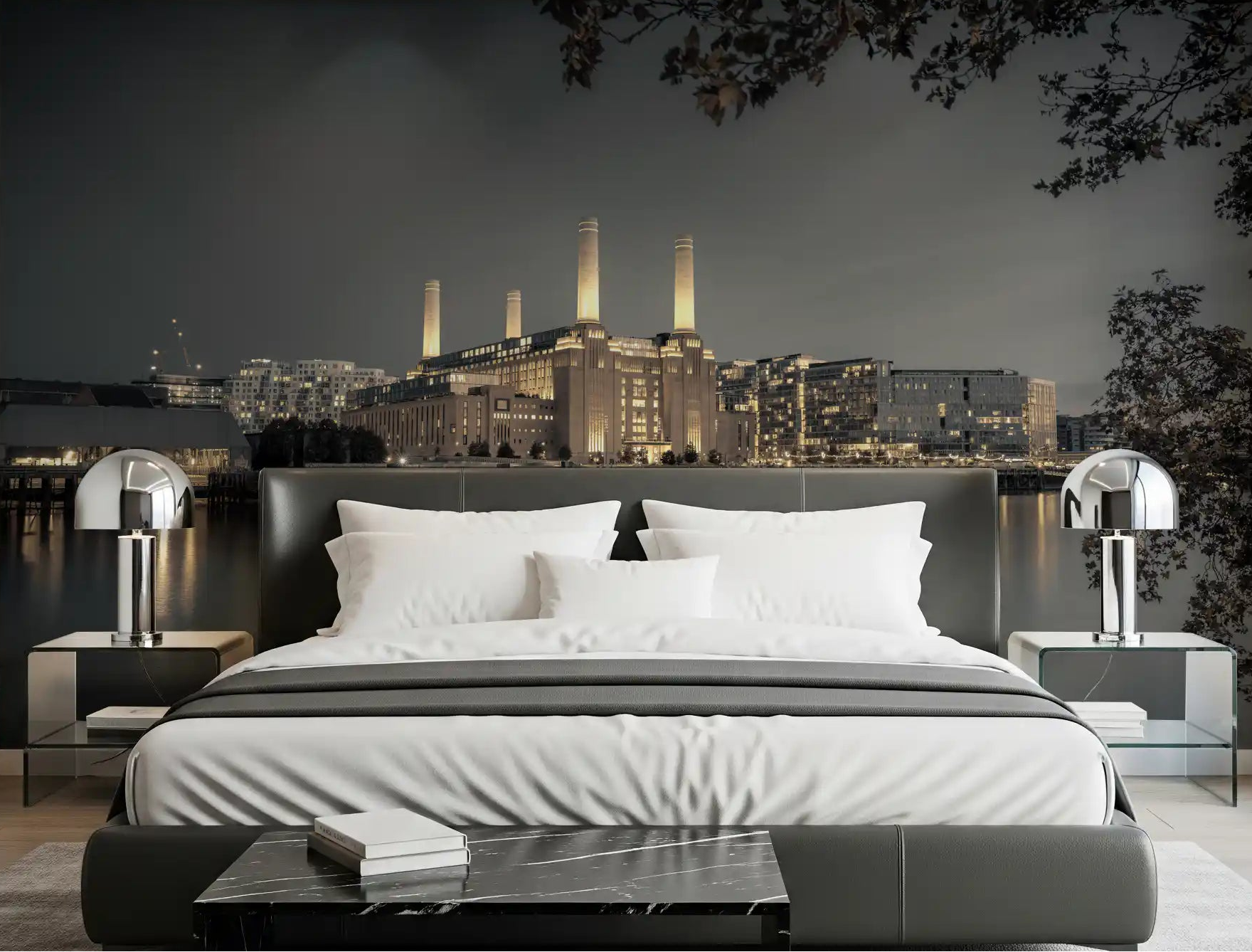 Bedroom wall mural showing four glowing chimneys above a waterfront skyline., GD10468