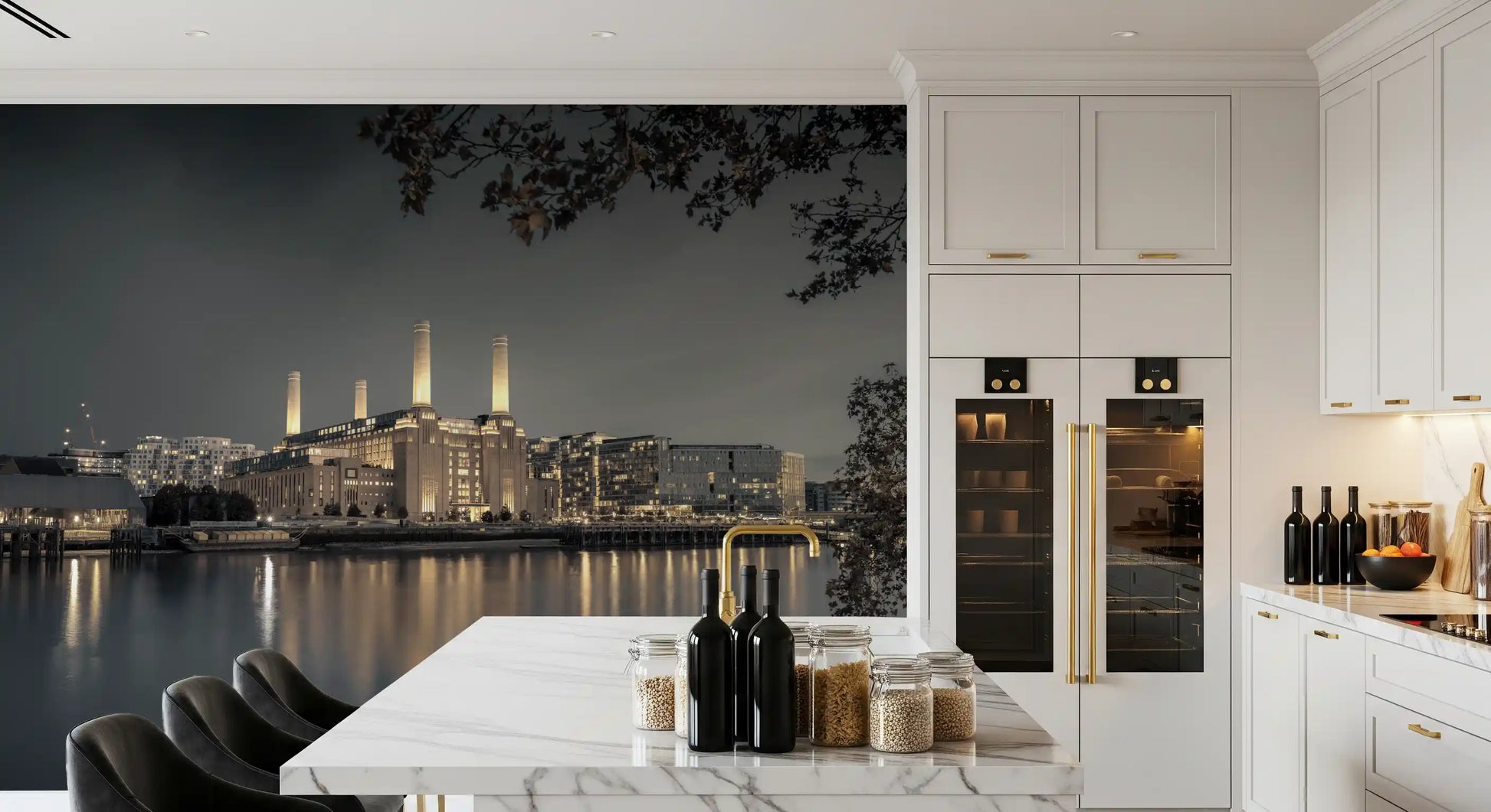 Four tall chimneys glowing against a charcoal sky in this city wall mural., GD10468