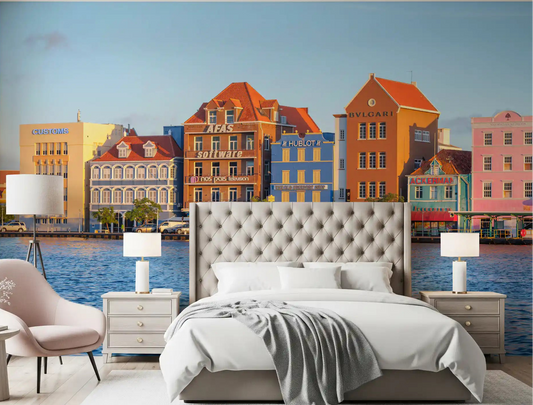 Bedroom wall mural featuring vibrant waterfront colonial architecture.