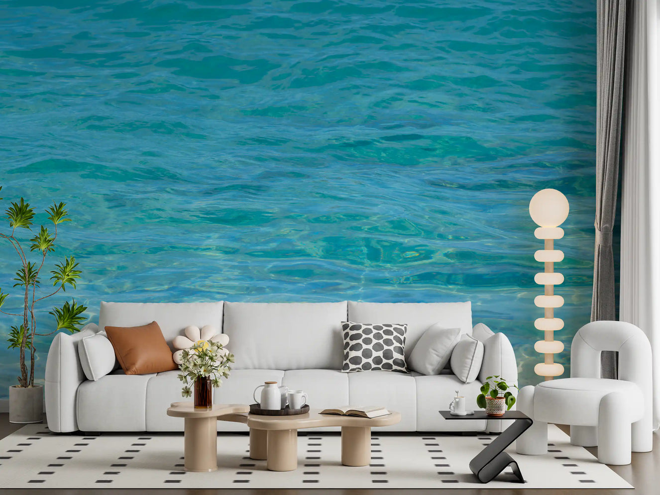 Living room wall mural featuring a teal and aqua tropical water texture.