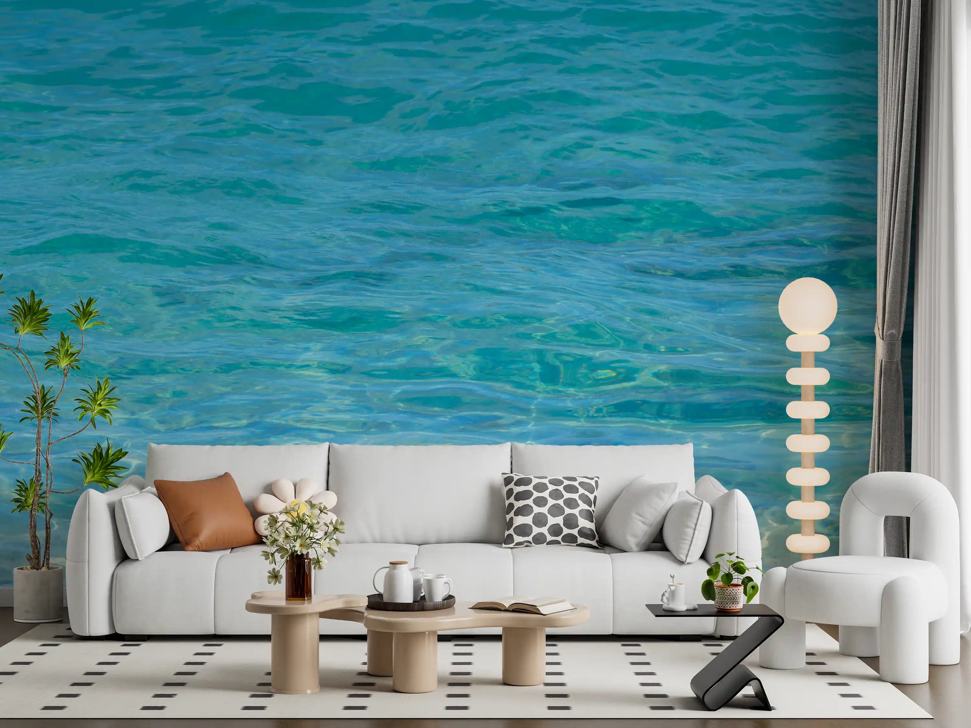 Living room wall mural featuring a teal and aqua tropical water texture., GD10470