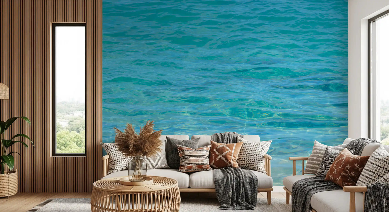 Bright aqua and teal water ripples wall mural forming irregular light patterns on surface.