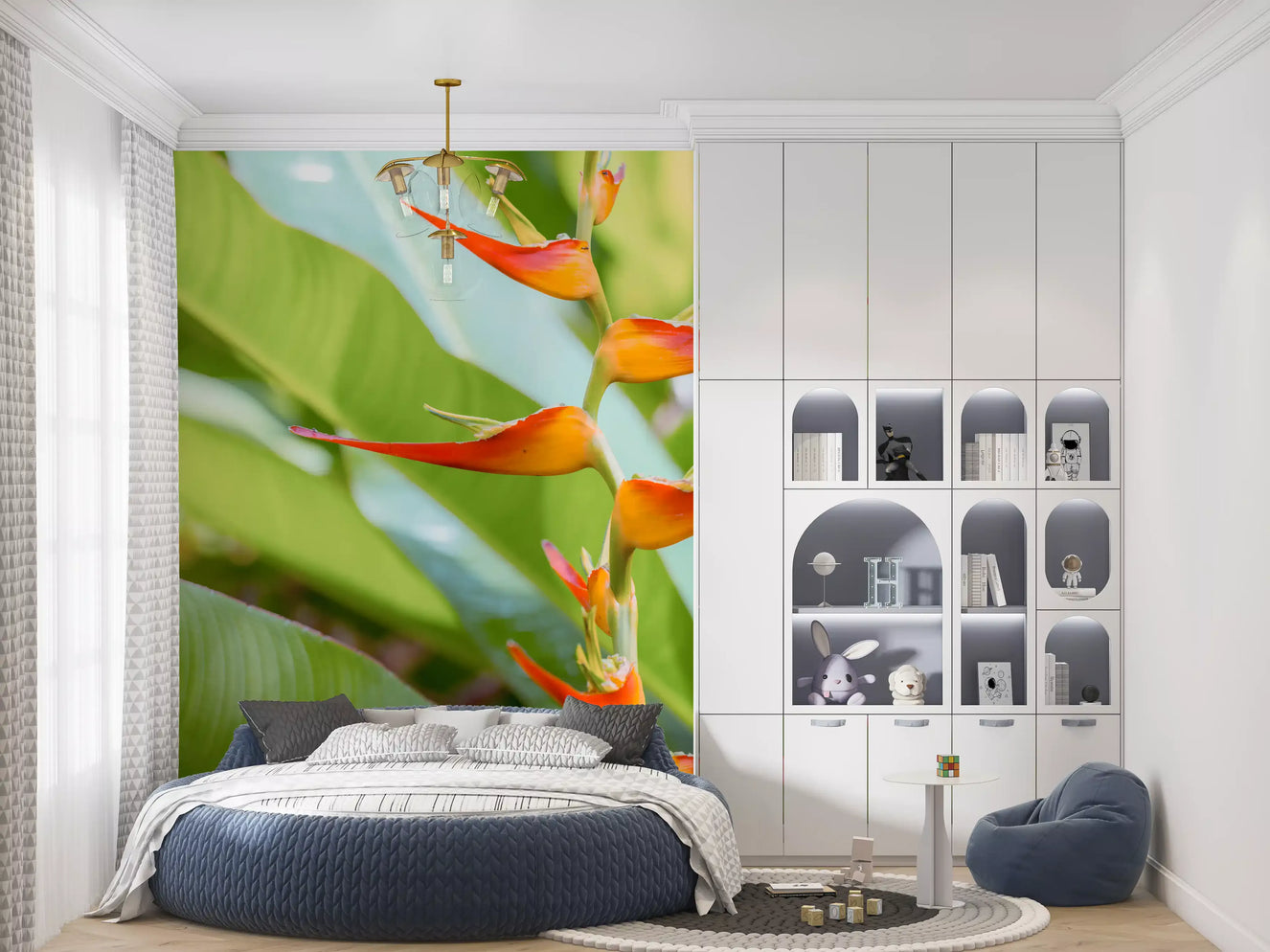 Tropical flower wall mural with layered bracts in red orange and yellow.
