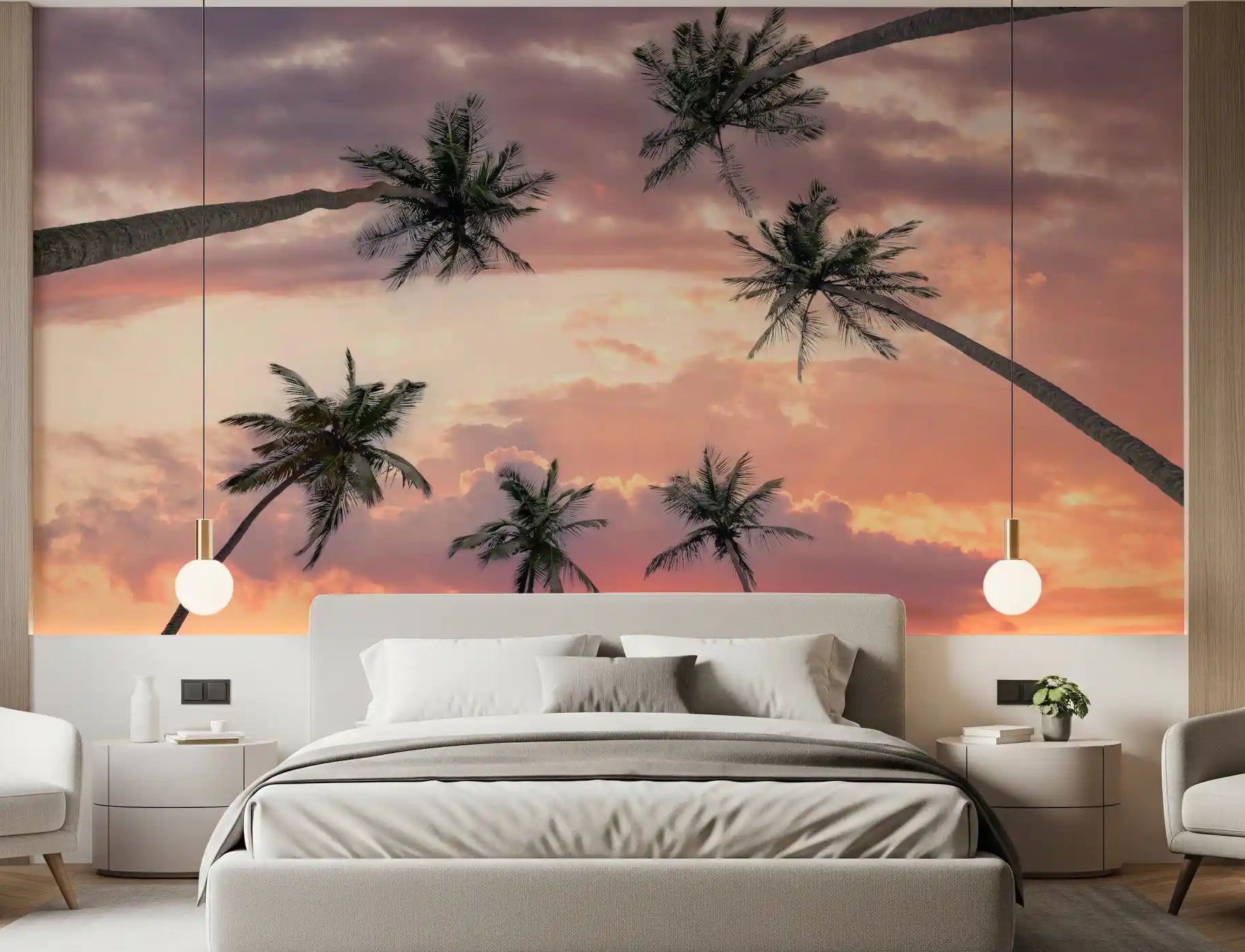 Bedroom wall mural showing tropical palms rising into a lavender sky., GD10472