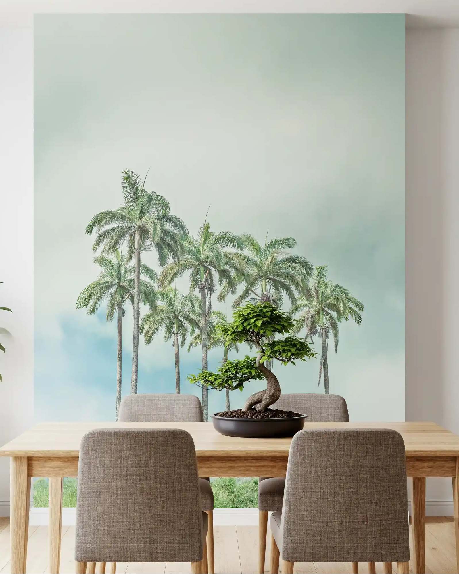 Dining room wall mural featuring a calm tropical palm cluster on a hillside., GD10473