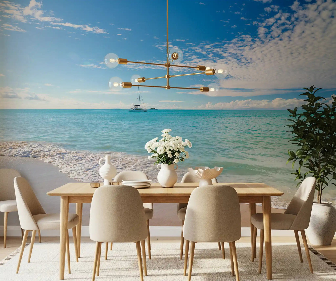 Dining room wall mural featuring golden sand and a calm blue coastal horizon.