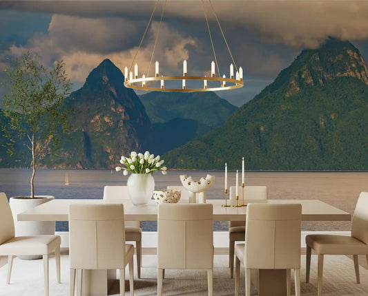 Pitons Serenity wall mural displayed in a dining room space with mountains.