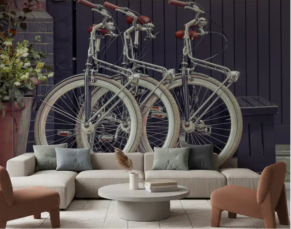 Vintage Urban Cycles wall mural in a living room with grey and brown tones.
