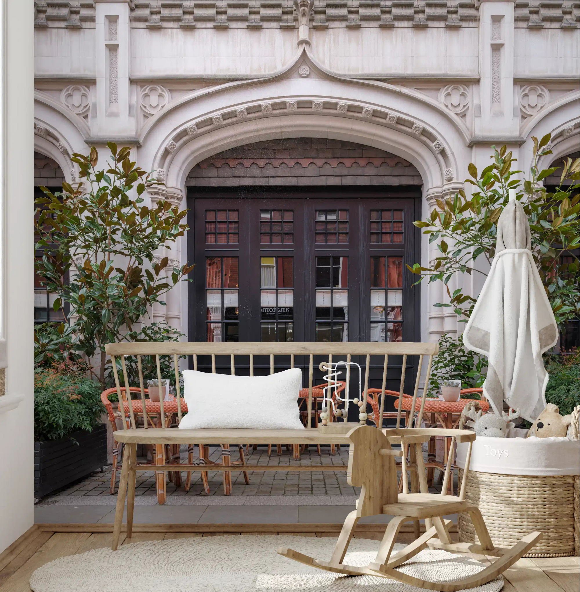 Street Cafe Vista wall mural displayed in a nursery space with gray and white tone., GD10478