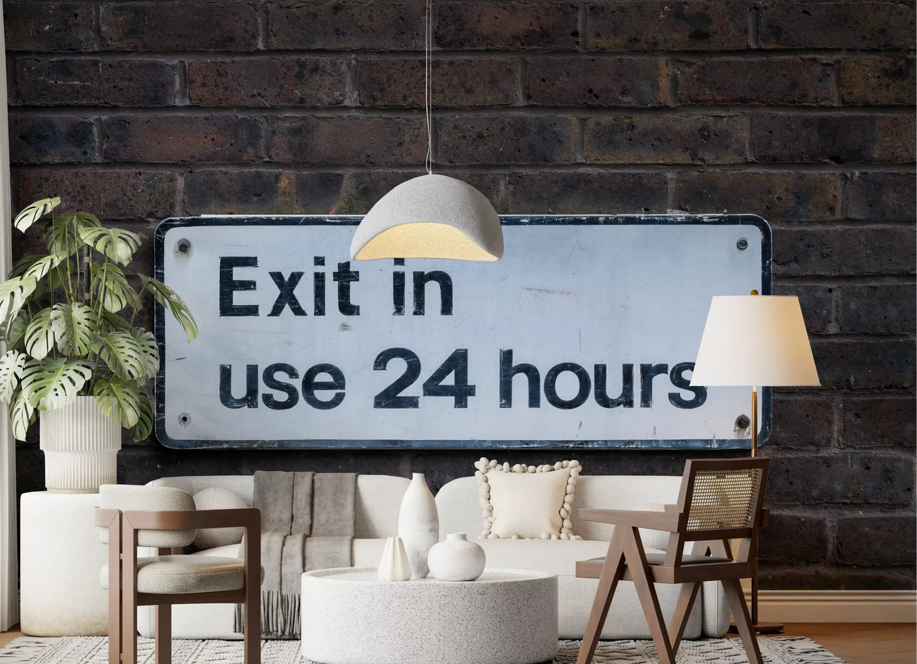 Weathered Exit on Textured Brick wall mural in a living room setting.