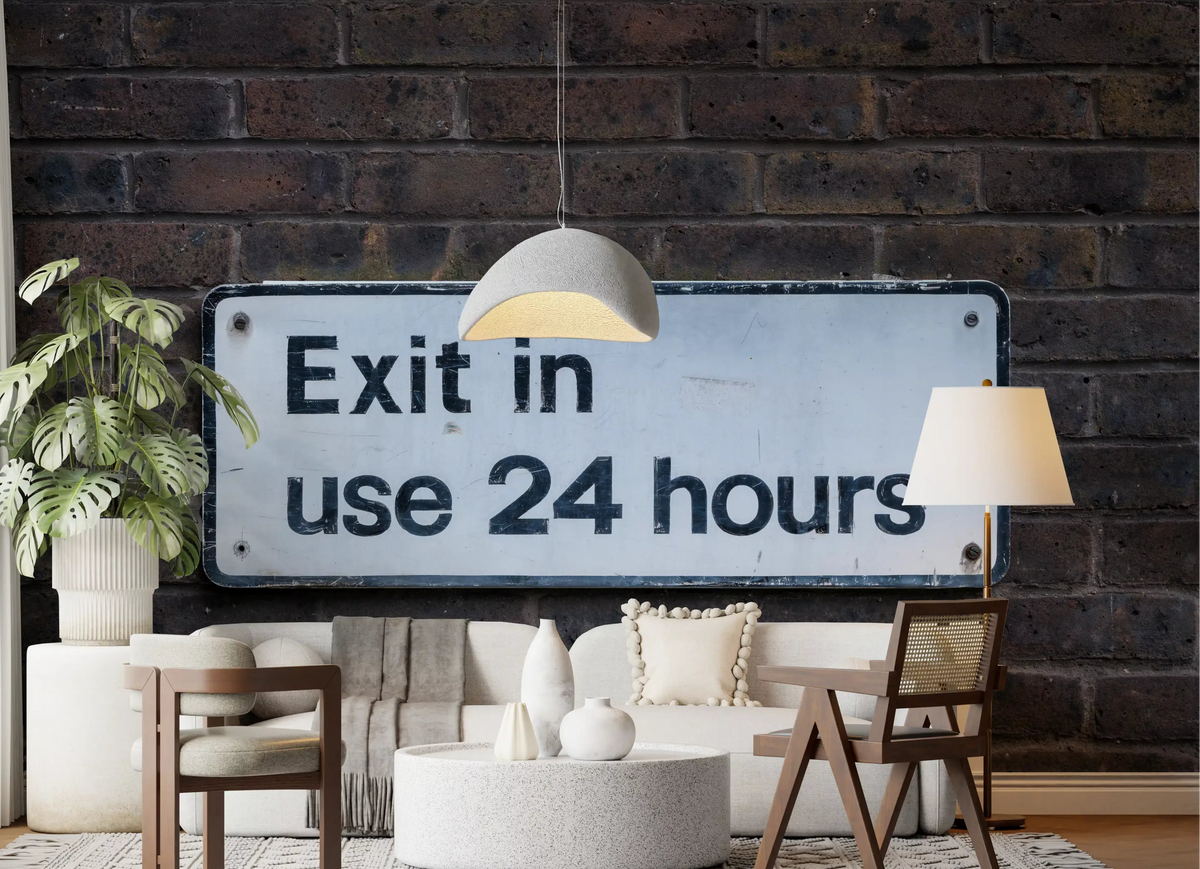 Weathered Exit on Textured Brick wall mural in a living room setting., GD10479