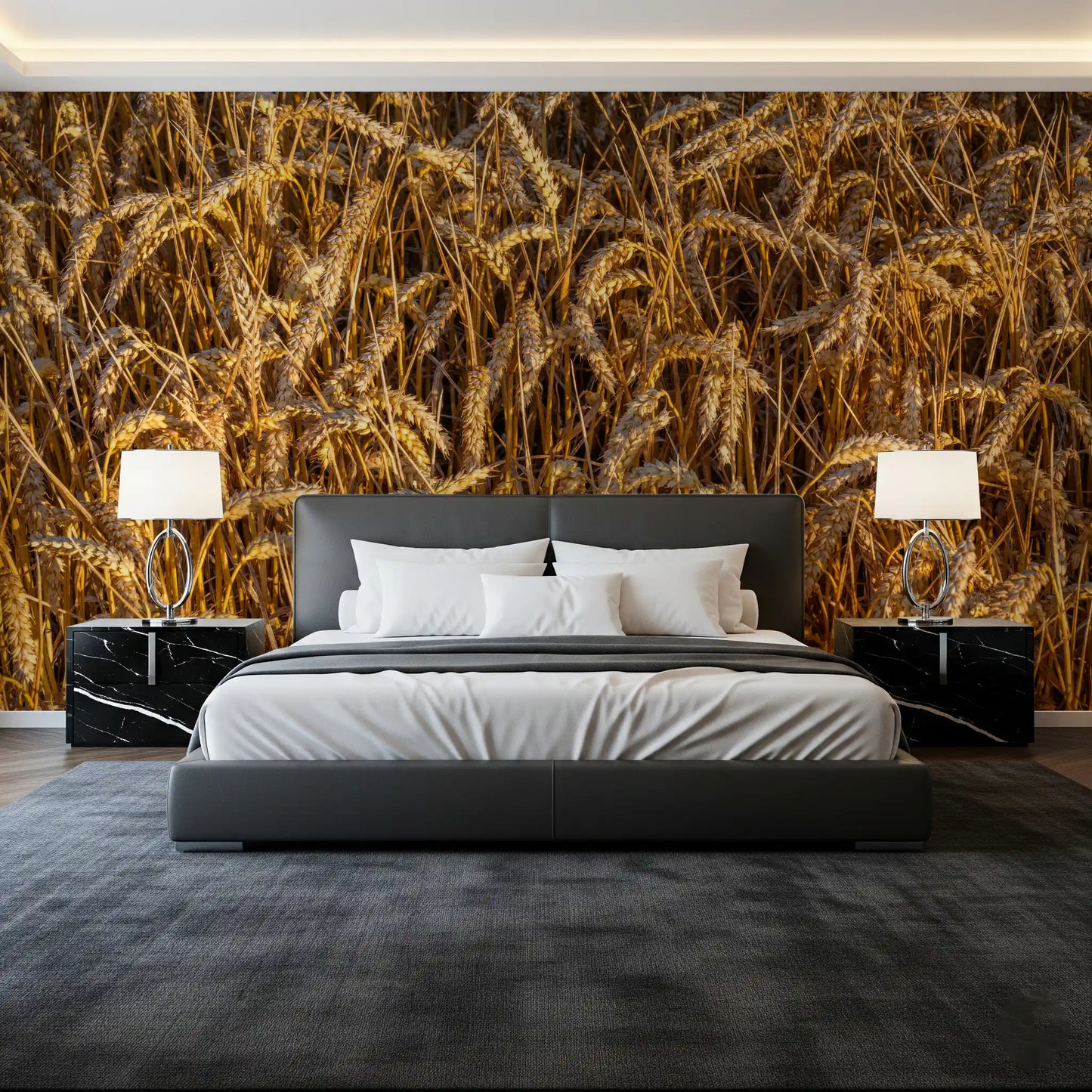 Wheat grain wall mural adding warmth amber tone to a bedroom., GD10481