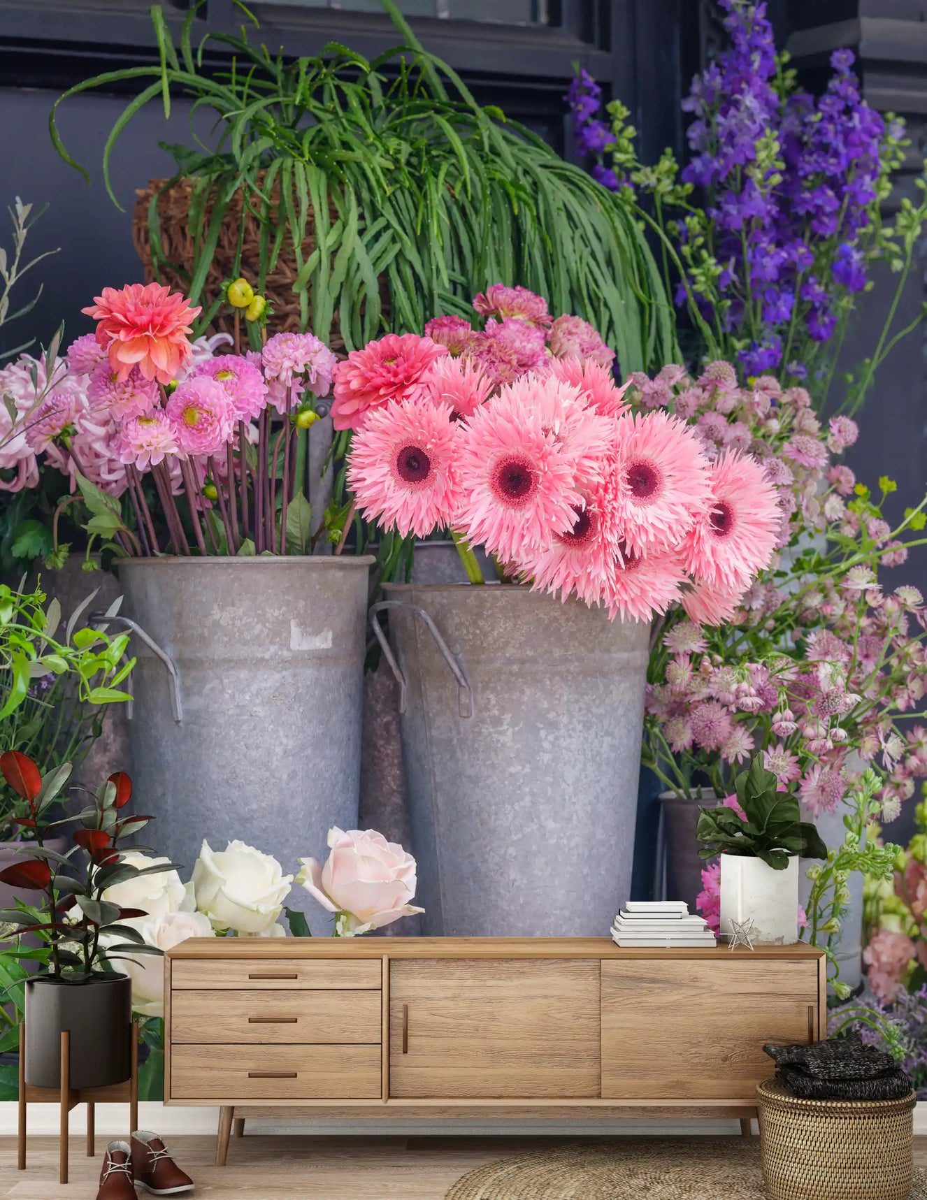 Vibrant flower market wall mural displayed in a hallway space with pink tone.