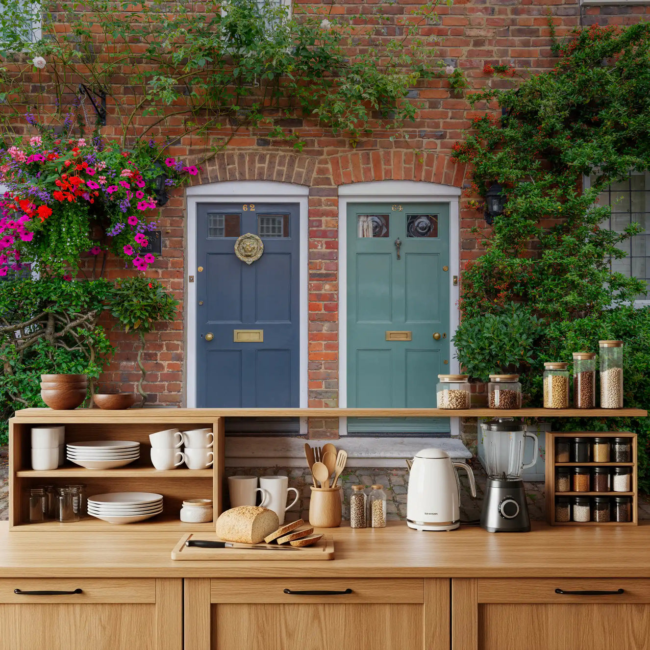 Cottage-style doorway wall mural adding character to a kitchen backdrop.