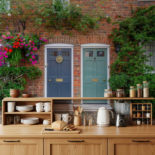 Cottage-style doorway wall mural adding character to a kitchen backdrop.