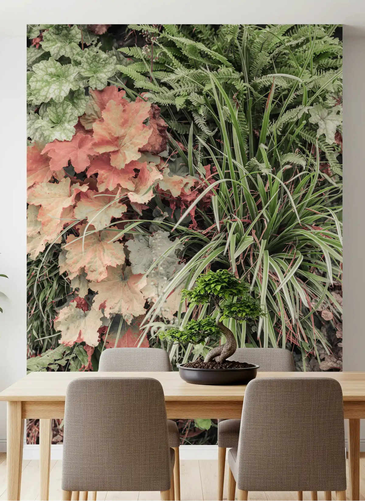 Muted garden layers wall mural with fern detail in a dining room., GD10485