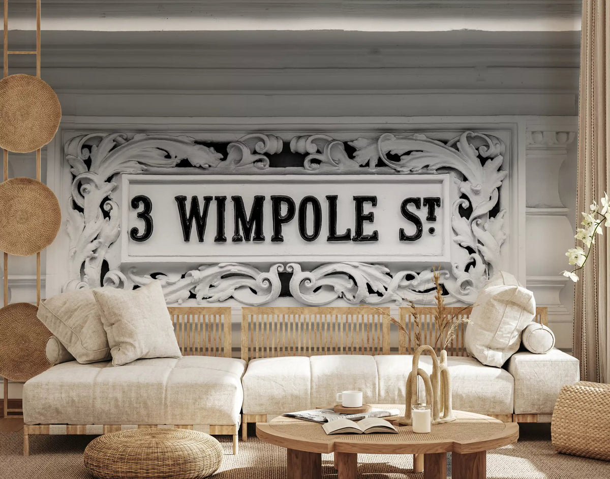 Wimpole Street grandeur wall mural with baroque mouldings in a living room, GD10487