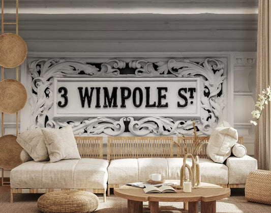 Wimpole Street grandeur wall mural with baroque mouldings in a living room