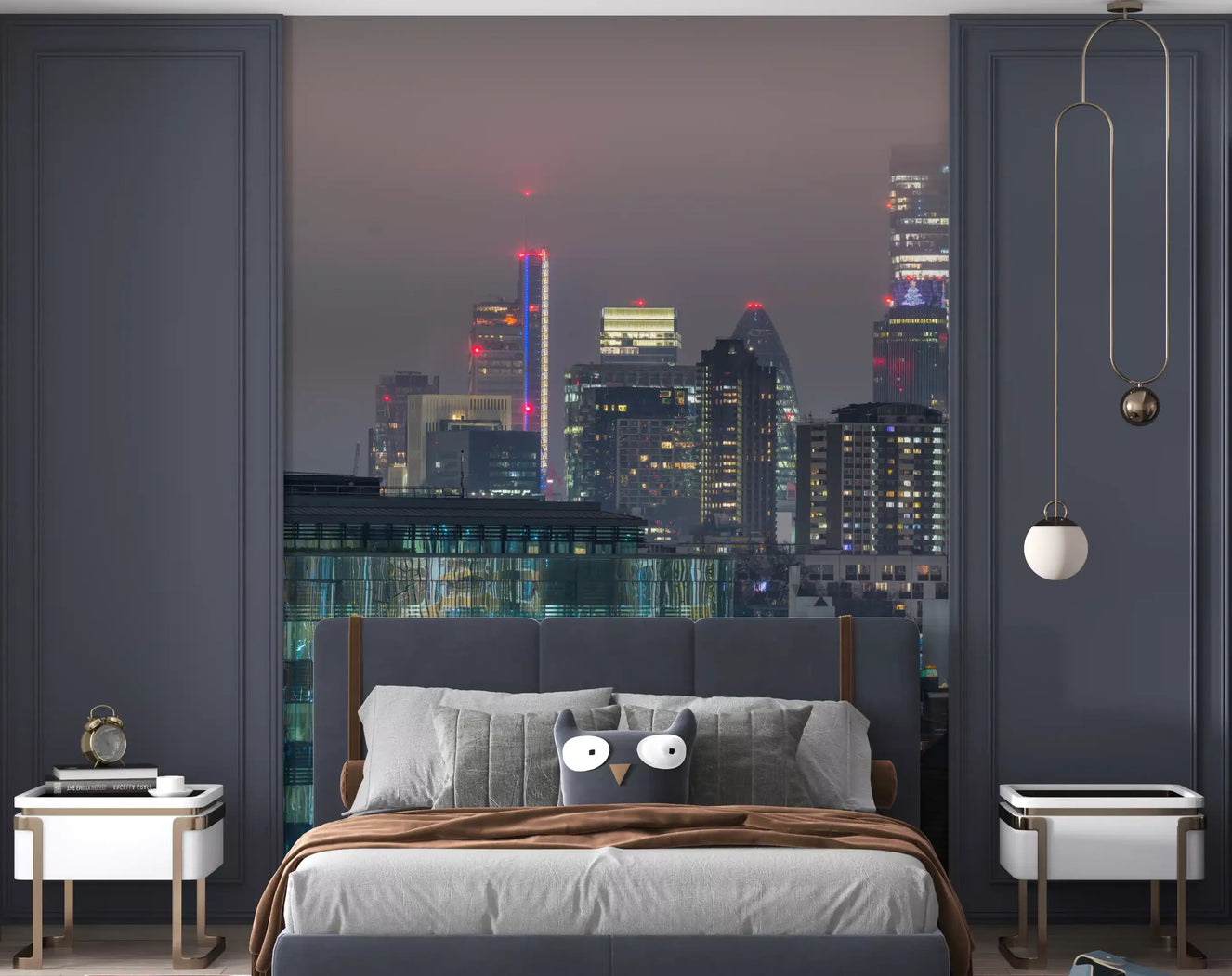 Metropolitan haze wall mural with city lights in a bedroom setting.