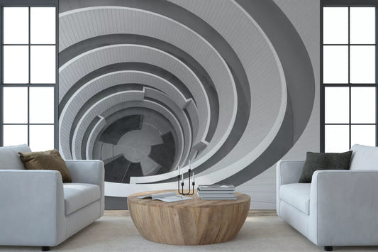 Geometric spiral wall mural with concentric bands in a living room.