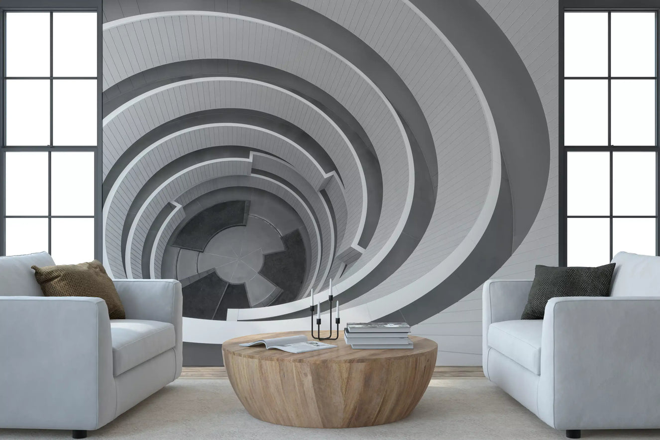Geometric spiral wall mural with concentric bands in a living room.