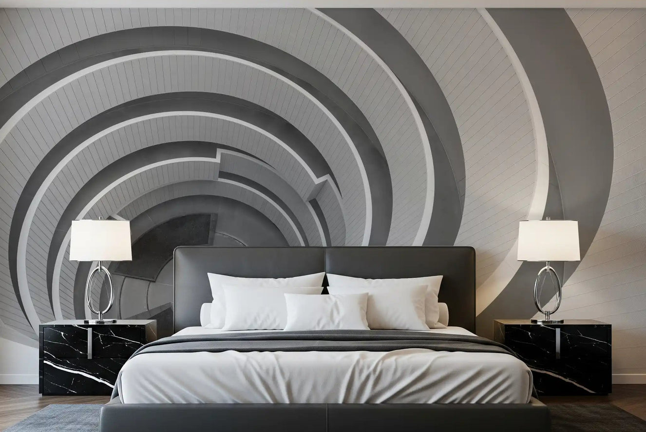 Infinite geometry wall mural with monochrome curves in a bedroom.